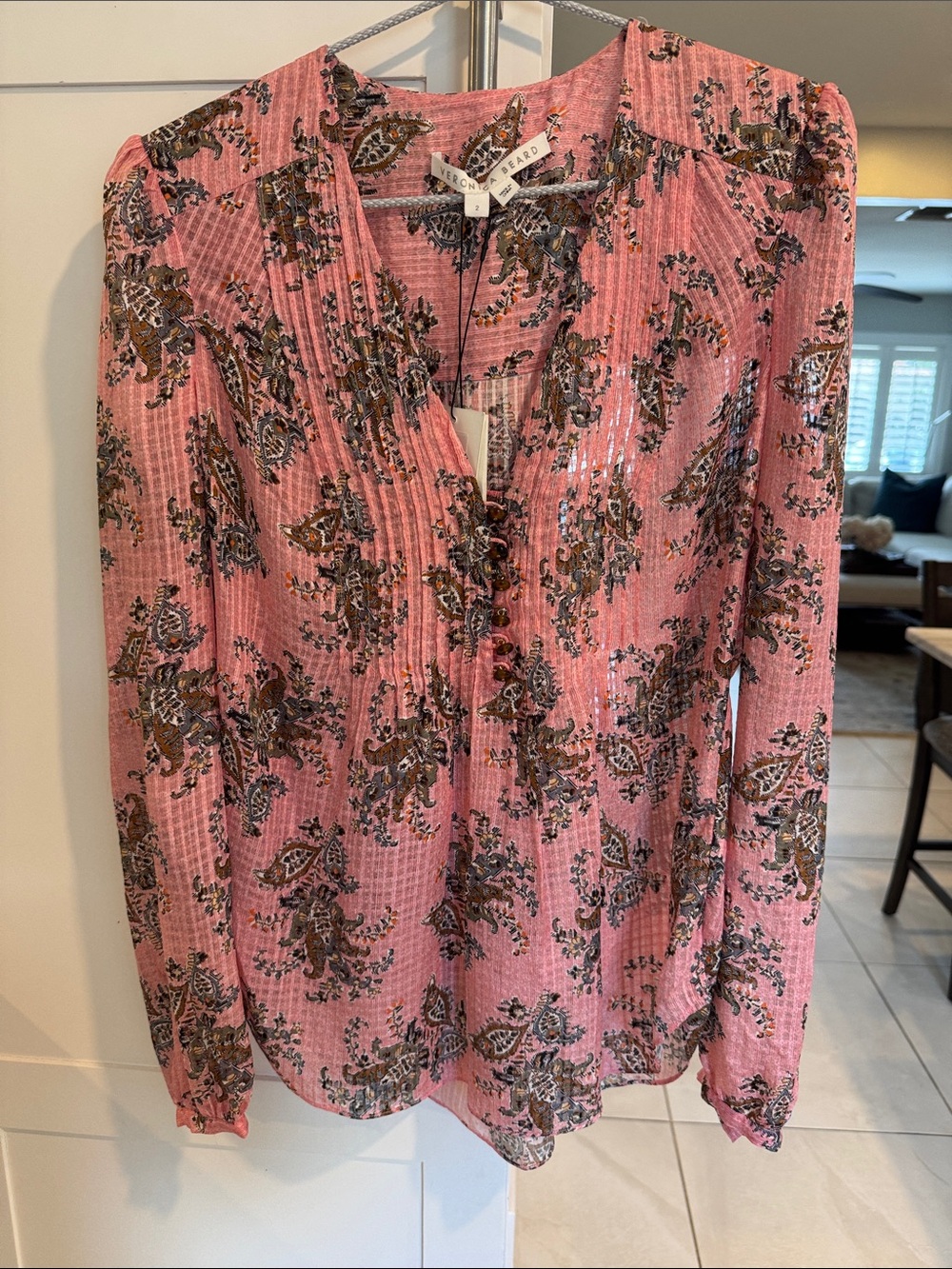 Veronica Beard Pink Floral Pintuck V-Neck Blouse